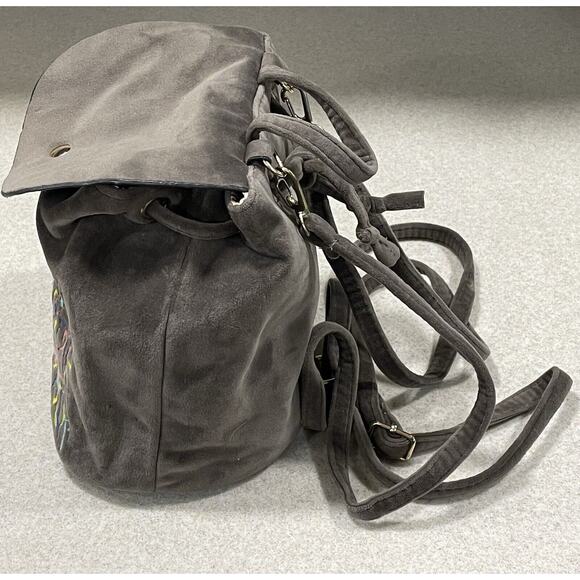 Beautiful Embroidered Mini Backpack Brown Suede With Snap Button Closure-Travel - Picture 4 of 13